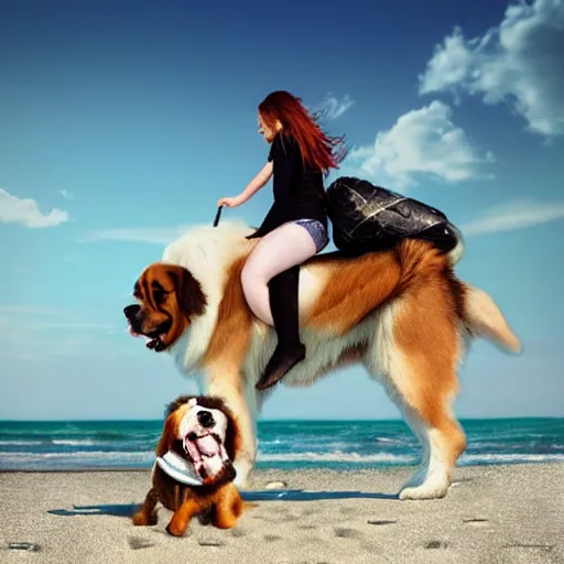 Prompt: girl riding a giant saint Bernard at the beach, trending on artstation