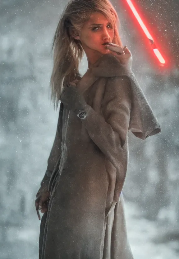 Image similar to cute model annie leonhart holding a lightsaber, beautiful face, detailed face, realistic eyes, cinematic lighting, rainy weather, melancholy atmosphere, volumetric light, realistic reflections, model agency, instagram photo, shot on sony a 7 iii, beauty filter, postprocessing