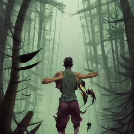 Prompt: a sporty guy runs alone through a forest with tall trees, acid-green sneakers, a photo from the back in perspective, art by Peter Mohrbacher,