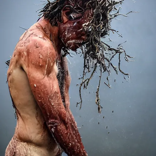 Image similar to The performance art shows a man caught in a storm, buffeted by wind and rain. He clings to a tree for support, but the tree is bent nearly double by the force of the storm. The man's clothing is soaked through and his hair is plastered to his head. His face is contorted with fear and effort. burnt sienna by Adonna Khare, by Syd Mead turbulent