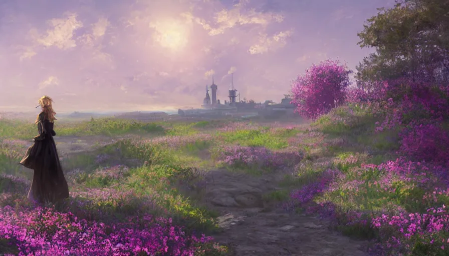 Image similar to over the shoulder landscape painting of violet evergarden standing on a distant colorful flower hill, behind it a distant old european city leiden from violet evergarden next to the reflecting ocean, ocean, sunshine, fantasy, intricate, elegant, highly detailed, digital painting, artstation, blender, unreal engine 5, octane render, smooth, sharp focus, illustration, by Anton Fadeev and Philipp A. Urlich and Pengzhen Zhang and Andreas Rocha