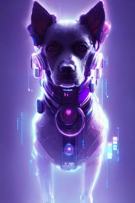 Image similar to a beautiful portrait of a cute cyberpunk dog by greg rutkowski and wlop, purple blue color scheme, high key lighting, digital art, highly detailed, fine detail, intricate, ornate, complex