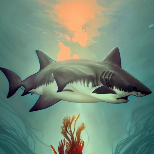 Image similar to great white shark, traffic cones as fins, underwater background detailed atmospheric - ron cheng & alphonse mucha, highly detailed, digital painting, ray tracing, concept art, illustration, smooth sharp focus, intricate, symmetry, artstation,