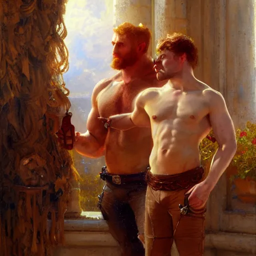 Image similar to attractive muscular mike with ginger hair with attractive tyler with brunet hair, drinking their hearts out, in their noble mansion. image defined to the maximum, highly detailed painting by gaston bussiere, craig mullins 8 k