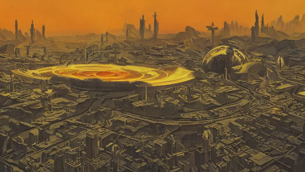 Image similar to a painting in the style of chesley bonestell and in the style of francois schuiten.