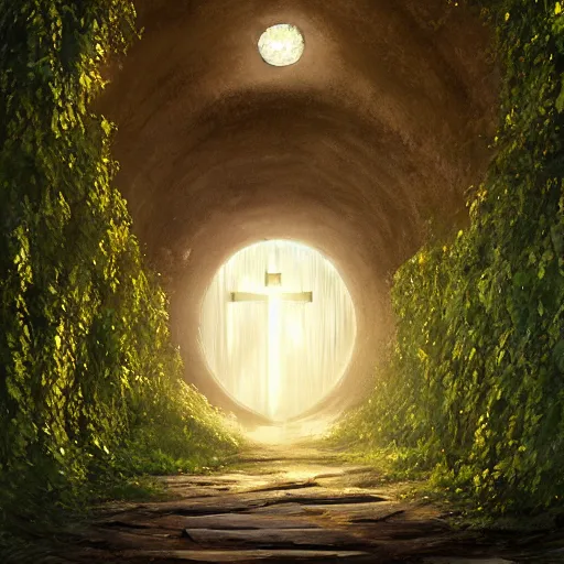 Image similar to a christian cross as the light at the end of the tunnel, with a few vines and overgrowth, concept art by Doug Chiang cinematic, realistic painting, high definition, digital art, symmetrical, very detailed, extremely high detail, photo realistic, concept art, unreal engine 5, bokeh, album cover