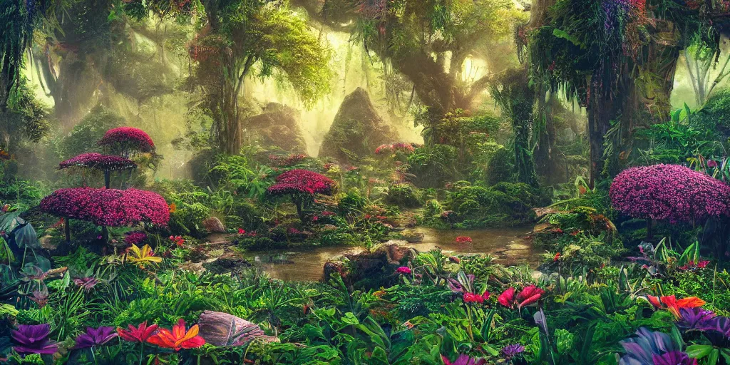 Prompt: An alien jungle, colorful flowers, pathway, reflection, rain, morning light, photorealistic, realistic, depth of field, temple ruins!, high definition, soft light, high definition, detailed, 8k, artstation