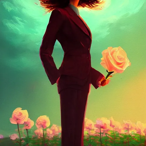 Image similar to closeup, large rose flower head, frontal, girl in a suit, surreal photography, sunrise, dramatic light, impressionist painting, digital painting, artstation, simon stalenhag