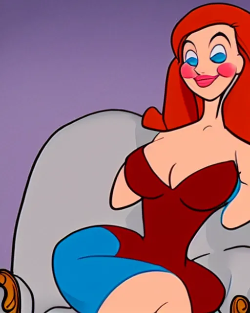Image similar to Jessica Rabbit eating a bag of Doritos, sitting on a chair, Who Framed Roger Rabbit 2D animation still