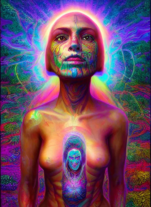 Image similar to portrait ultra dimensional cult girl shaman, accidentally tripping on dmt and acid, psychedelic experience, overwhelming psychosis of self realization and burning awakening, ultra high definition, unreal engine 5, hyperrealism, masterpiece composition, by peter kemp, casey weldon, barclay shaw