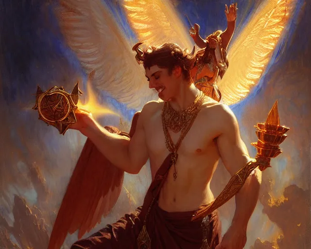 Image similar to attractive demonic male deity, casting magic, summoning handsome lucifer morning star. highly detailed painting by gaston bussiere, craig mullins, j. c. leyendecker 8 k