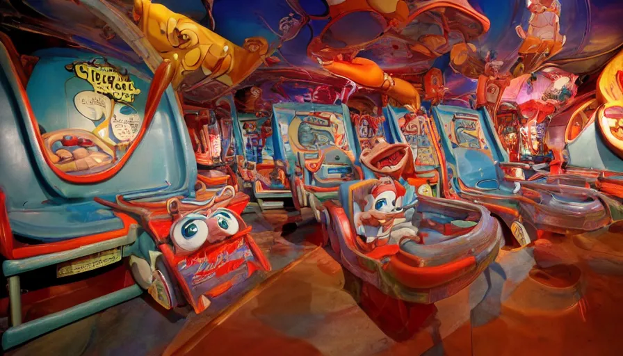 Prompt: 1990s photo of inside the Ren & Stimpy ride at Universal Studios in Orlando, Florida, cinematic, UHD