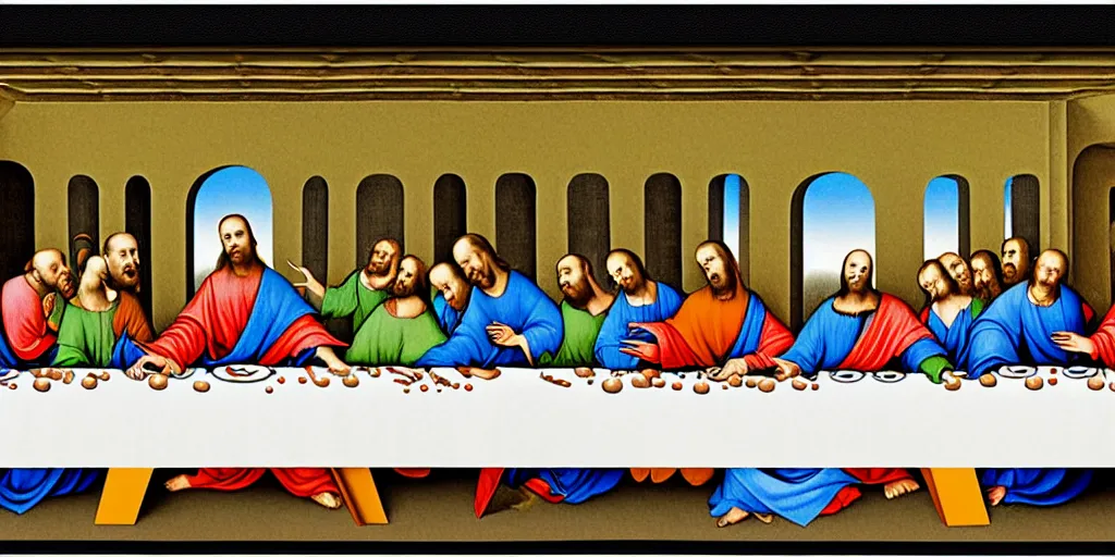 Image similar to multilayer last supper full color gradient pattern of escher style 3 6 0 panorama with hieronymus bosch style bubbles, unfinished, very detailed