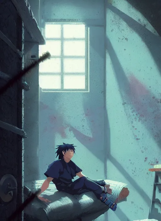 Image similar to highly detailed prison cell with naruto uzumaki with black hair, bars in window, hitting a wall, art by greg rutkowski, loish, rhads, ferdinand knab, makoto shinkai and lois van baarle, ilya kuvshinov, rossdraws, tom bagshaw, global illumination, radiant light, detailed and intricate environment