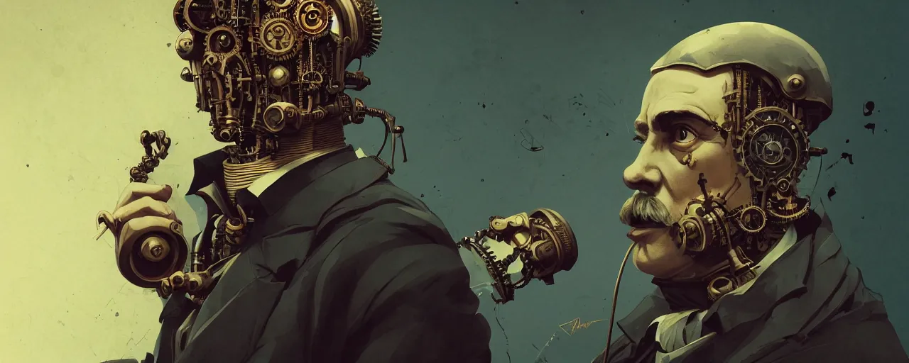 Image similar to duotone dark concept illustration 3 / 4 portrait of friedrich nietzsche as steampunk cyborg. highly detailed mechanism cinematic lighting. fibonacci golden ratio accidental renaissance. by sachin teng and sergey kolesov and ruan jia and heng z. graffiti art, scifi, fantasy, hyper detailed. octane render. concept art. trending on artstation