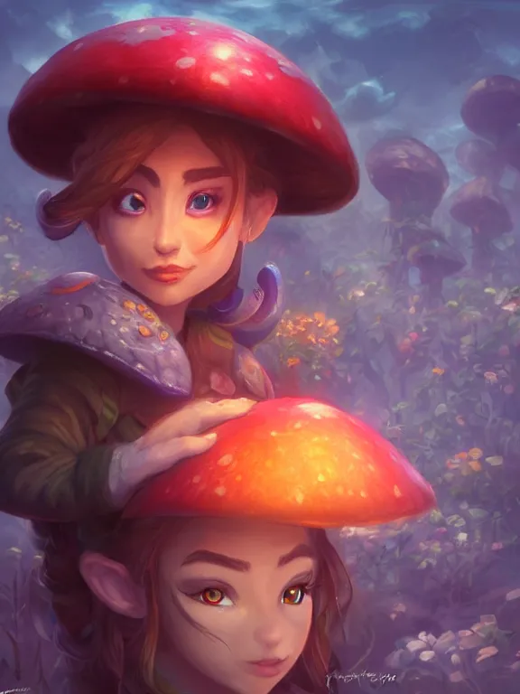 Prompt: illustration portrait of female on the mushroom kingdom, fantasy, concept art, sharpness, 4k, high detailed, UHD, cinematic lightning, trending on deviantart by wlop and tyler edlin