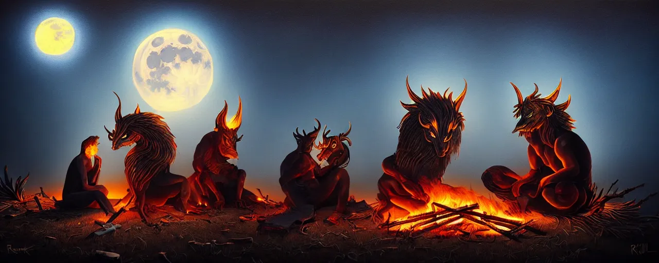 Image similar to strange mythical beasts of sitting around a fire under a full moon, surreal dark uncanny painting by ronny khalil