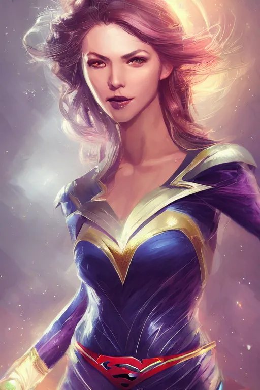 Image similar to three quarters portrait pose of a beautiful woman,super heroine costume,super powers, fantasy, intricate, elegant, highly detailed, digital painting, artstation, concept art,shining, sharp focus, illustration, art by Stanley Lau