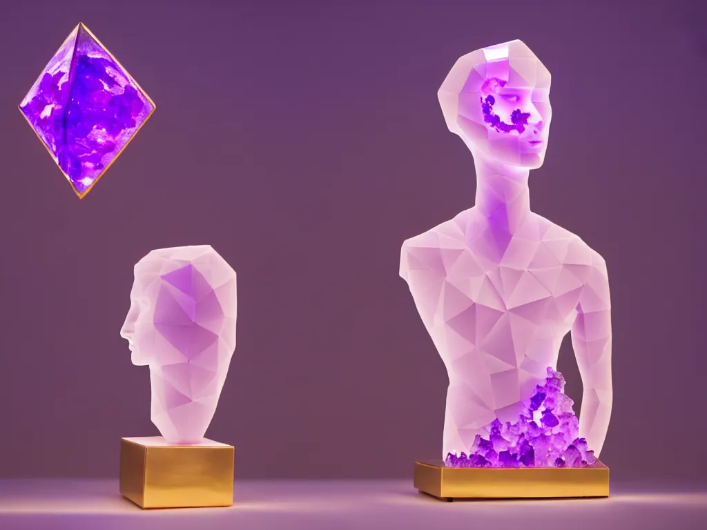 Image similar to beautiful mannequin sculpted out of amethyst by billelis + lit with geometric neon + kintsugi, facing a doorway opening with neon pink geometric light + gold geometric cubed bonsai trees, clean linework, dramatic, finely detailed, rule of thirds, moody, award winning, 4 k, trending on artstation, photorealistic, volumetric lighting, octane render