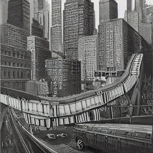 Image similar to placid carboniferous by john philip falter. a installation art of a cityscape. the installation art shows a view from an elevated train line of the city below.