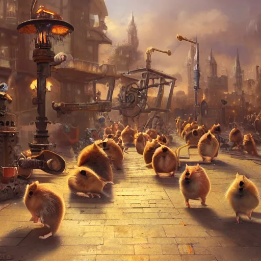 Image similar to oil painting of many hamsters with guns, steampunk clothes, steampunk city background, sharp focus, fantasy style, octane render, volumetric lighting, 8k high definition, by greg rutkowski, highly detailed, trending on art Station, dungeons and dragons artwork, centered