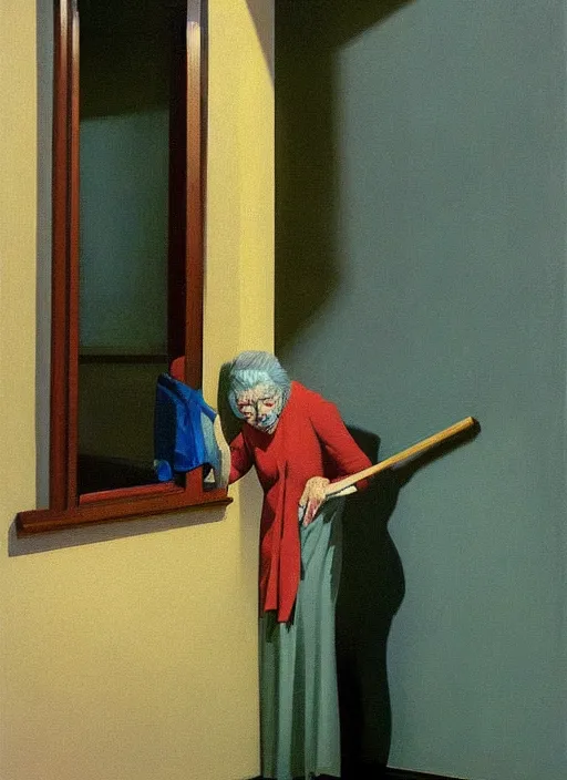Image similar to old woman with a cane with hysterical facial expression at the art deco hospital painting by Edward Hopper and James Gilleard, Zdzislaw Beksinski highly detailed
