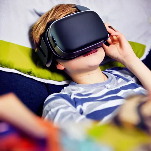 Image similar to a full-shot stock photo of a boy laying in bed with a bunch of stuff wearing a VR-headset, featured on flickr, cluttered