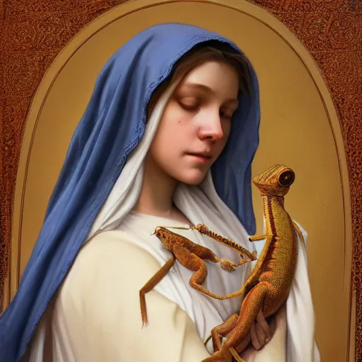 Image similar to the virgin mary holding a baby lizard, highly detailed, digital painting, artstation, concept art, smooth, sharp focus, illustration, art by artgerm and greg rutkowski and alphonse mucha