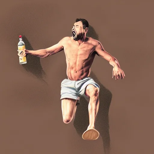 Prompt: artistic rendition of a man jumping in the while holding a bottle, trending on Artstation