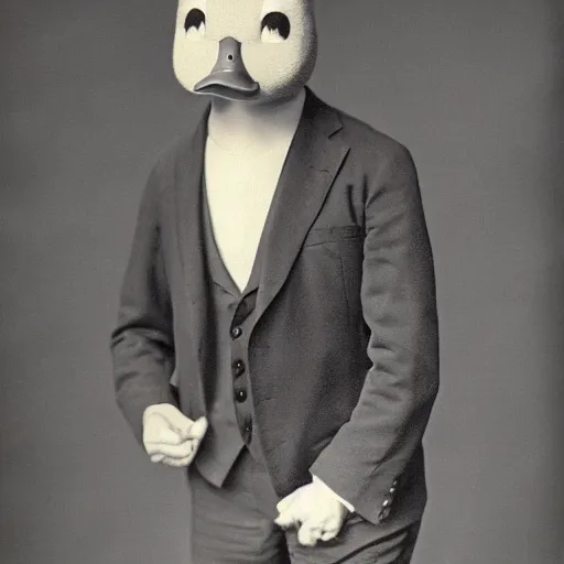 Image similar to a high detail photo of a man with a duck's head wearing a suit, antropomorphic, photorealism