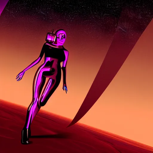 Image similar to A wide angle shot from below of a feminine body walking with swagger towards camera on mars in an infinite universe , synthwave digital art