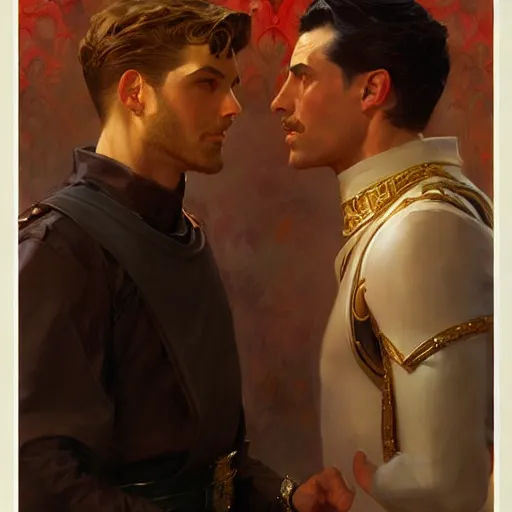 Image similar to attractive fully clothed king confesses his love for his attractive fully clothed male prince. highly detailed painting by j. c. leyendecker, craig mullins, gaston bussiere, mark brooks