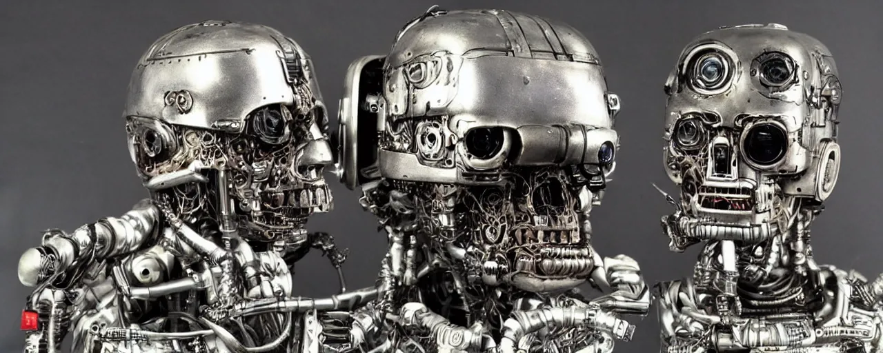 Image similar to advanced complex steampunk, terminator, robot, borg VR headset, vintage photo