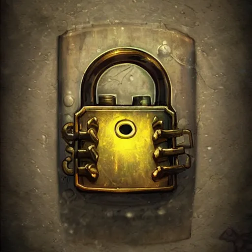 Image similar to a glowing steampunk keyed padlock 🔒 🔑, fantasy digital art, magical background in the style of hearthstone artwork