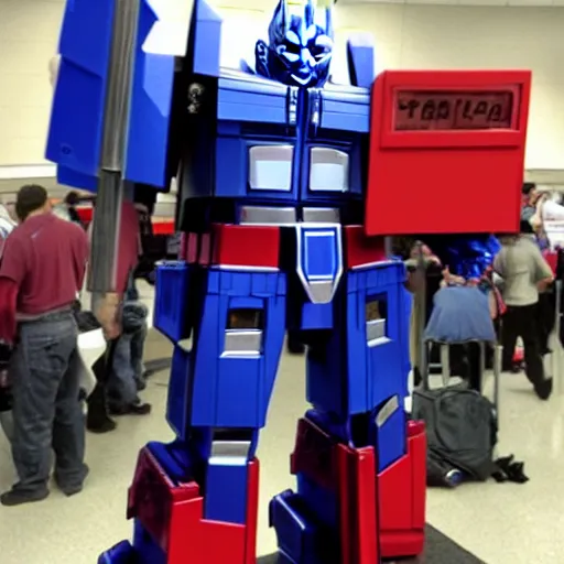 Image similar to optimus prime standing in line at the dmv