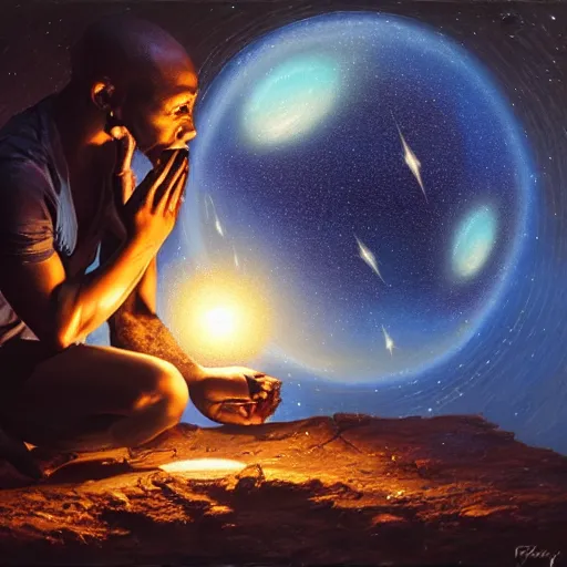 Image similar to an african psychic reading his crystal ball under a meteor shower, greg rutkowski and android jones and amanda sage, oil on canvas, 8k