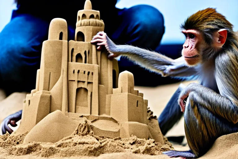 Image similar to a monkey touching a completed sand castle