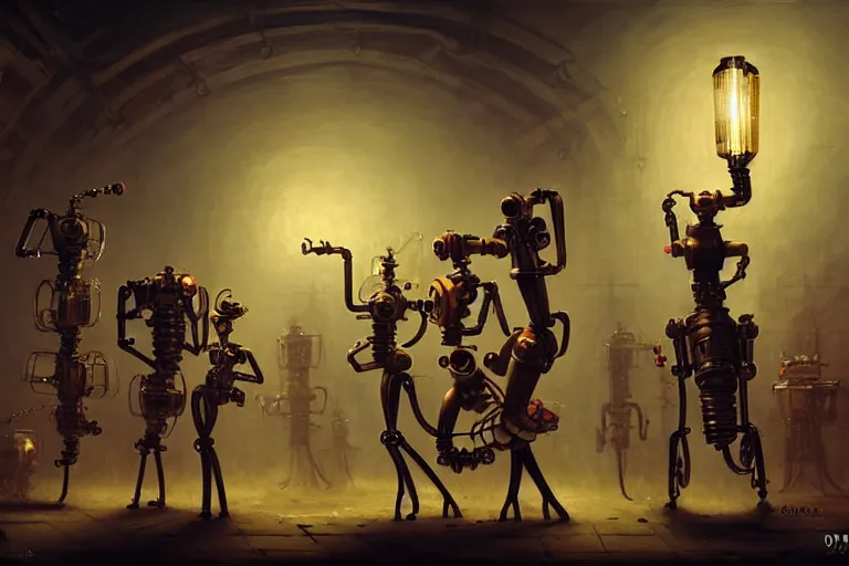 Prompt: steampunk robots dancing by otto dix and greg rutkowski and andreas rocha, cinematic lighting, highly detailed, 4 k