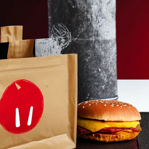 Image similar to close up shot of a paper bag containing an hamburger and a can of cola