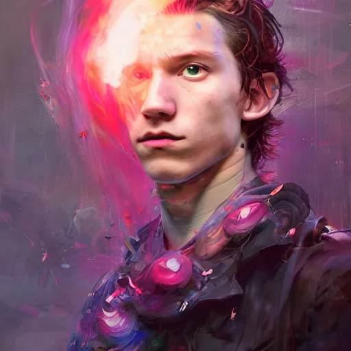 Prompt: tom holland, portrait by ruan jia and miho hirano, colorful, vibrant, majestic, royal open wide eyes, flowers on hair, glowing light orbs, intricate concept art, elegant, digital painting, smooth, sharp focus, ethereal opalescent mist, outrun, vaporware, cyberpunk darksynth, ethereal, ominous, misty, 8 k, rendered in octane