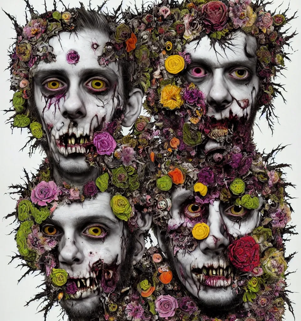 Prompt: zombie, punk rock, young male, bearded, multicolored faces, fruit and flowers, gemstone eyes, botanical, vanitas, sculptural, baroque, rococo, intricate detail, spiral, ornamental, photocopied, kaleidoscopic, dynamic lighting, art by david altmejd