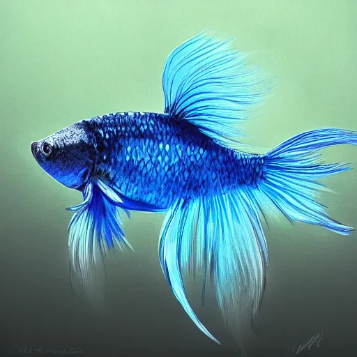 Image similar to blue betta fish swimming through water with long flowing fins, art, fantasy, elegant, highly detailed, digital painting, trending on artstation, concept art, smooth, sharp focus, hyperrealistic, illustration