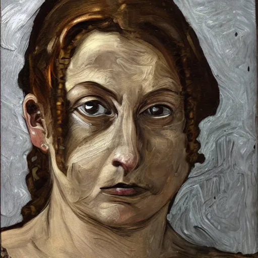 Image similar to woman on a victorian style bad old deteriorating walls in the background in the style of lucian freud, painting, dark, brush strokes