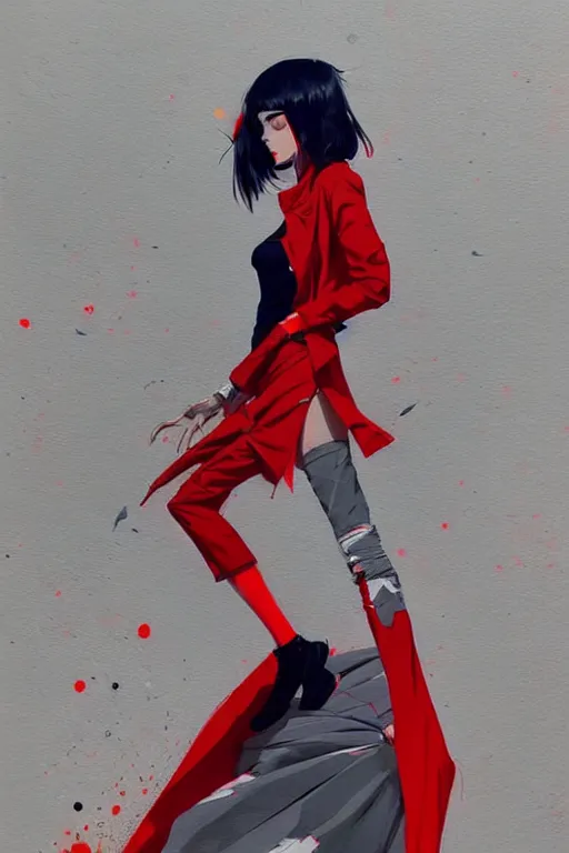 Image similar to a ultradetailed painting of a stylish woman wearing a grey jacket with red skirt, by conrad roset, greg rutkowski and makoto shinkai trending on artstation