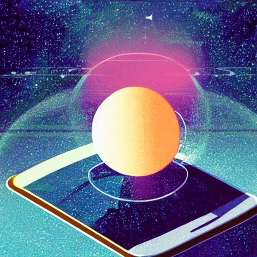 Prompt: illustration of a mobile phone with a planet inside the screen going out of it, in 4 d, detailed and intricate forty five degree isometric, cross by vincent di fate