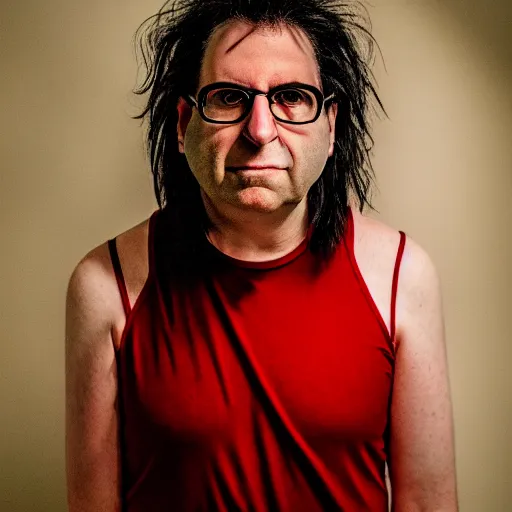 Prompt: Kevin Mitnick in a red dress, grungy, unkept hair, glowing eyes, modelsociety, radiant skin, huge anime eyes, RTX on, perfect face, vogue, directed gaze, intricate, Sony a7R IV, symmetric balance, polarizing filter, Photolab, Lightroom, 4K, Dolby Vision, Photography Award