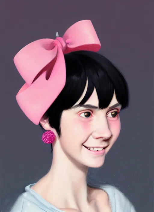 Image similar to portrait of teenage girl, realistic, black hair, bangs, half updo hairstyle, pointy nose, skinny, smile, ugly, defined jawline, big chin, pink hair bow, earrings, intricate, elegant, glowing lights, highly detailed, digital painting, artstation, sharp focus, illustration, art by wlop, mars ravelo and greg rutkowski