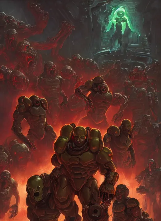 Image similar to ( doom ) cover featuring doom guy!! doom marine!! surrounded by demons, by kenneth scott, artstation, vivid gaze