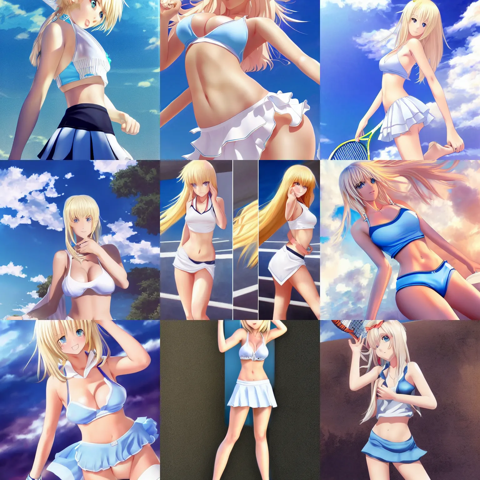 Prompt: full body shot : a very beautiful young blond tennis anime girl, sky blue eyes, 🍑, smug, bikini, white miniskirt, highly detailed, cinematic wallpaper by stanley artgerm lau