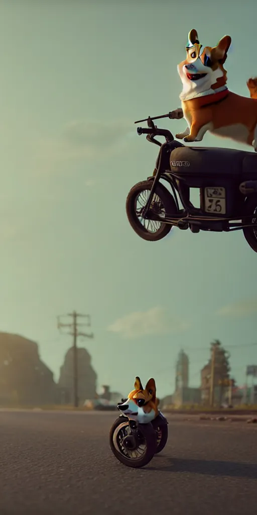 Prompt: A single cute corgi on a motorcycle, by Simon Stalenhag, unreal engine, octane render, 8k, rule of thirds